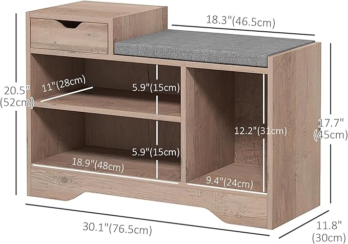 HOMCOM Shoe Bench with Storage, Modern Upholstered Entryway Bench with Shelves, Drawer and Table Top for Living Room, Hallway, Grey