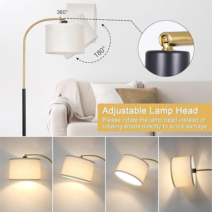 Dimmable Floor Lamp for Living Room, Arc Floor Lamps with Adjustable Drum Shade Pedal Switch, Black and Gold Tall Standing Lamp with 9W LED Bulb, Modern Reading Light Pole Lamp for Bedroom, Office