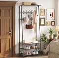 OUTLANE Entryway Hall Tree with 10 Hooks, Shoe Bench & Storage Shelf, Coat Rack Organizer with Wood Accents and Metal Frame for Entryway, Living Room, Bedroom, Gray-Double row