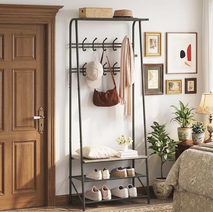 OUTLANE Entryway Hall Tree with 10 Hooks, Shoe Bench & Storage Shelf, Coat Rack Organizer with Wood Accents and Metal Frame for Entryway, Living Room, Bedroom, Gray-Double row