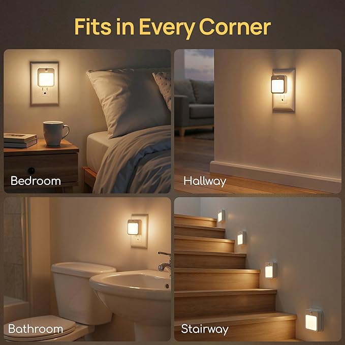 Plug-in Night Light with Motion Sensor, Dusk-to-Dawn Light Sensor, Stepless Dimming LED Night Lights for Bedroom, Hallway, Bathroom, Kids Room, Energy Efficient, 4-Pack