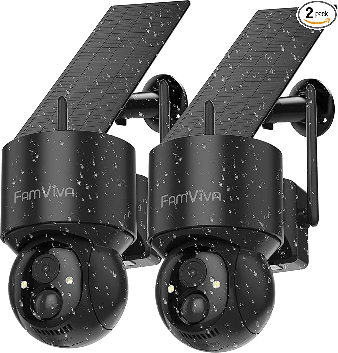 2K Solar Security Cameras Wireless Outdoor, 360°PTZ Battery Powered Cameras for Home Security, 2.4G WiFi Outdoor Camera with Color Night Vision, IP66 Waterproof, Motion Sensor Alarm, Black，2Pack