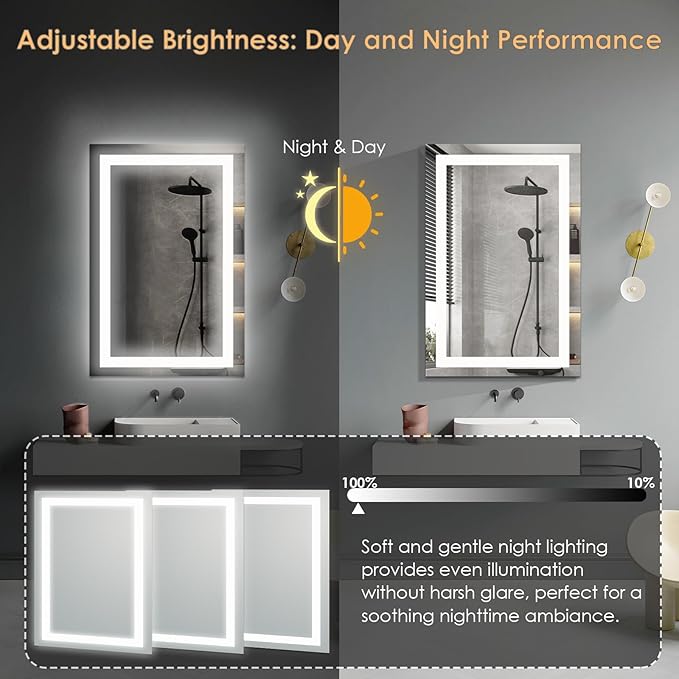 16×24 inches LED Bathroom Mirror, Bathroom Vanity Mirror with Lights for Wall, Wall Mounted Vanity for Bathroom Makeup, Stepless Dimmable&Colors, Anti-Fog, Memory Function, Waterproof