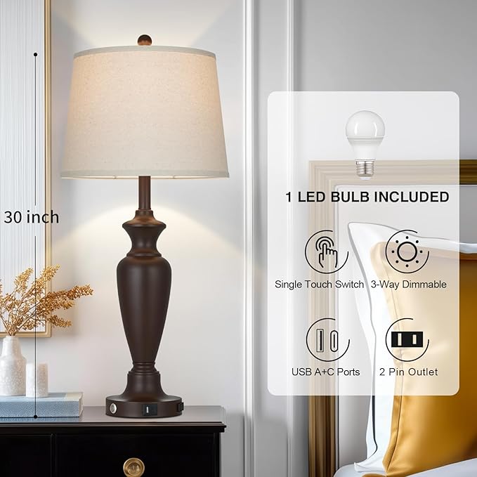 30" Tall Brown Table Lamp for Living Room, 3-Way Dimmable Touch Control Bedside Lamp for Bedroom Nightstand with USB A+C Ports & AC Outlet (1 Pack)