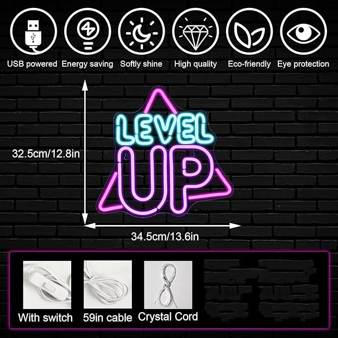 LEVEL UP LED Neon Sign for Wall Decor USB Adjustable Brightness Living Room Bars Barbers Pub Wedding Party Salon Club Gatherings Gaming Room Man Cave Halloween Christmas Birthday Art Wall Decor