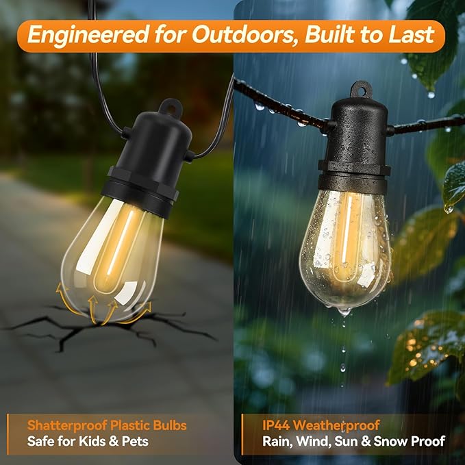 48FT LED Outdoor String Lights Dimmable Shatterproof S14 Edison Bulbs IP44 Weatherproof Commercial Grade for Patio Backyard Garden Party Décor