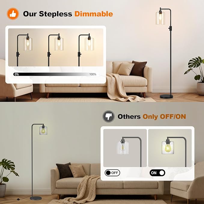 【Upgraded】Dimmable Floor Lamp for Living Room with Glass Shade, Black Modern Industrial Floor Lamp with 900LM LED Bulb Included, Bright Standing Tall Lamp for Bedroom, Office, Reading Room, Corner
