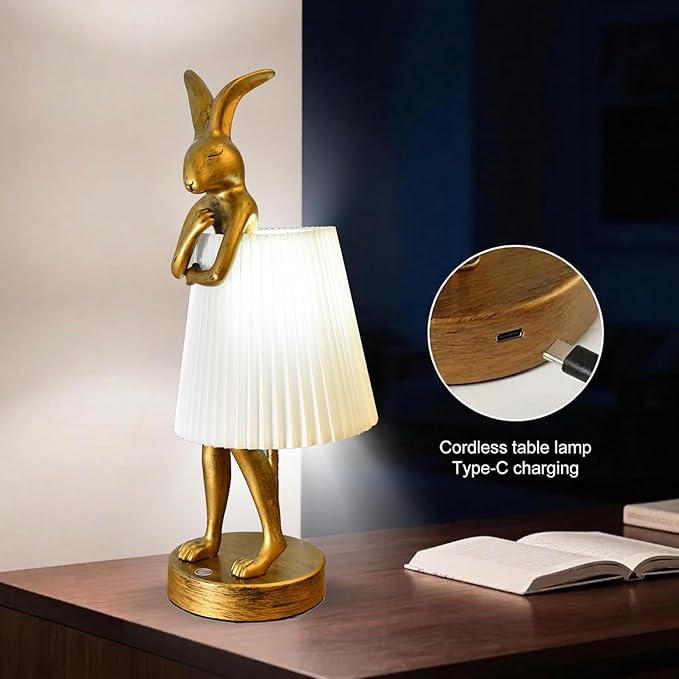 Cordless Rabbit Table Lamp Rechargeable LED 5000mAh, 15.7” Cute Decorative Night Light with Linen Shade & Gold-Tone Bunny Design, Portable Touch Dimmable Bedside Lamp for Bedroom, Home Decor (White)