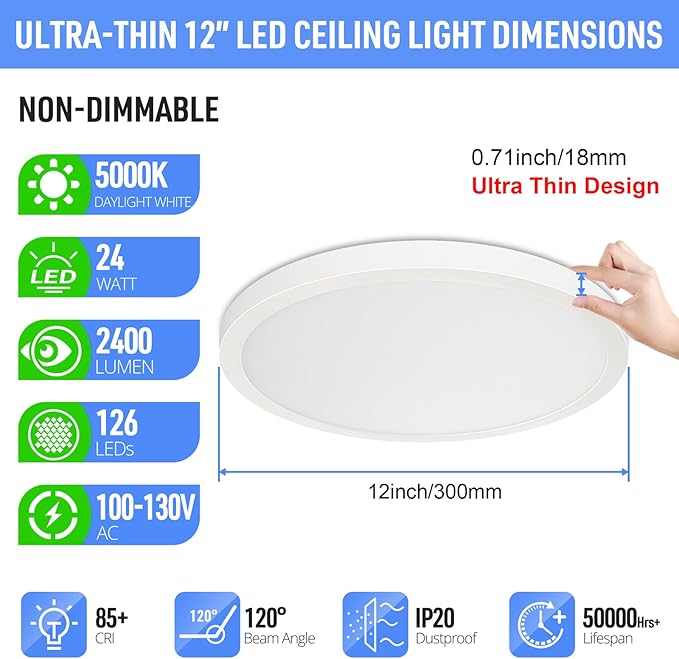 SunRider 6-Pack LED Flush Mount Ceiling Light Fixture, 5000K Daylight White, 2400LM, 12 Inch 24W Indoor Flat Panel Lamp, 240W Equiv., Non-Dimmable