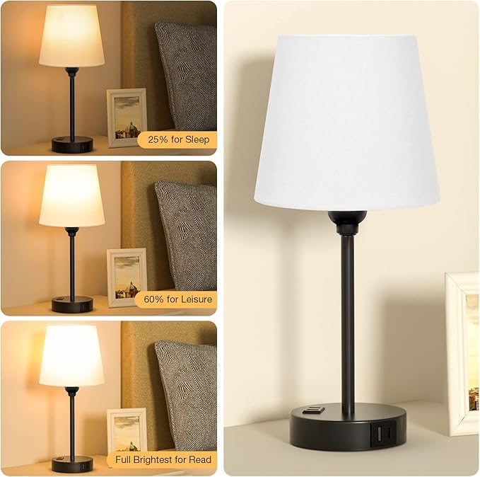 White Bedside Lamps for bedrooms Set of 2 - Nightstand Bedroom Lamp with USB C Port and AC Outlet Charging, 3 Way Dimmable Touch Control Small White Bed Side Table Lamp, Nightstand Light for Kids