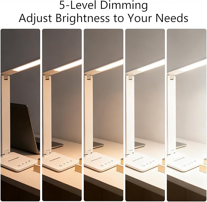 LED Desk Lamp with USB Charging Port, 5 Color Modes & 5 Brightness Levels, Eye-Caring Dimmable Touch Control Table Lamp, Adjustable Foldable Arm, USB-C Powered Desk Light for Study, Office, Bedroom