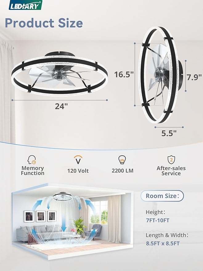 LEDIARY Ceiling Fans with Lights and Remote, 24'' Low Profile Ceiling Fan with Light, 3000-6000K Dimmable Fandelier Ceiling Fans, Modern Flush Mount Fan Light for Bedroom with 6 Wind Speeds- Black