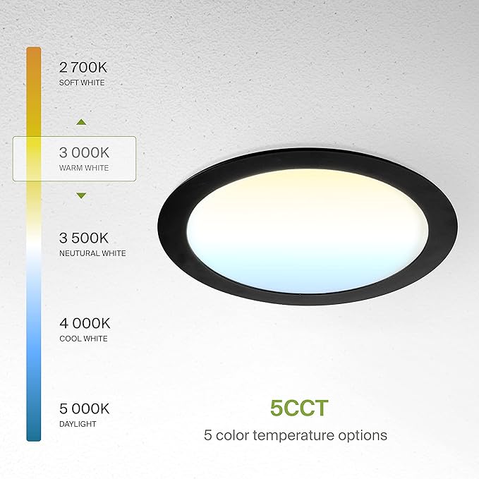 ASD 1 Pack 8 Inch LED Recessed Light 20W, 5 CCT 2700K-5000K CRI90+, IC Rated Ultra Thin Dimmable Ceiling Lights with J Box, Canless Wafer Downlight, Round Slim Panel Lighting, UL Listed, Black