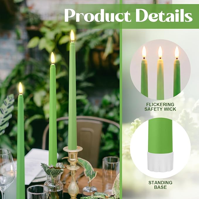 Macarrie 24 Packs Flameless Taper Candles Battery Operated Fake 11 Inch Long Candlelight LED Flameless Candlesticks Flickering Tapered for Spring Summer Wedding(Spring Green)