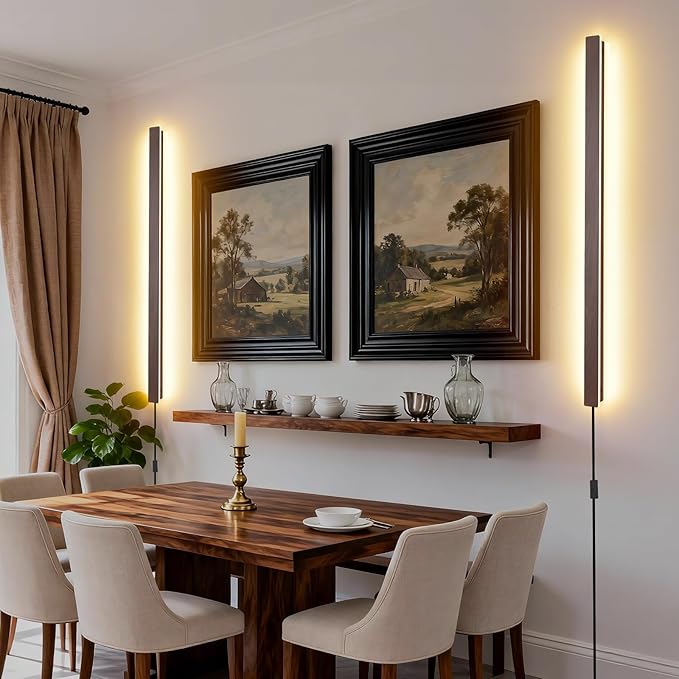 Farmhouse Plug in Long Wall Sconce, 39.3" Faux Walnut Finish LED Wall Lights, 20W Warm White 3000K Acrylic Indoor Wall lamp, with 59" Plug Cable for Bedroom, Living Room, Hallway