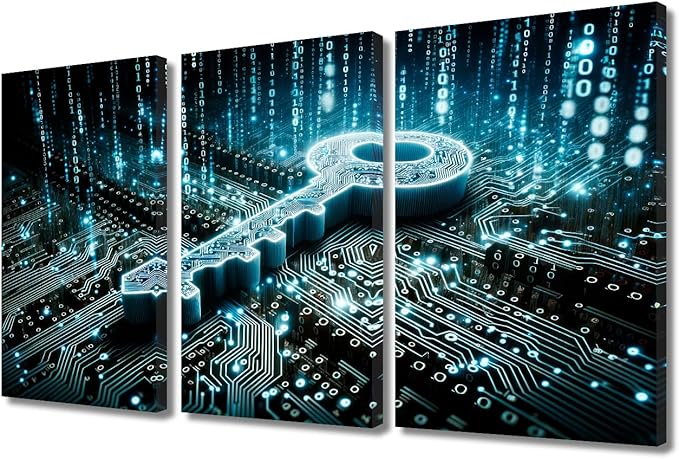 TUMOVO Security Concept Pictures Print 3 Panel Key on Circuit Board Background with Binary Code Pictures Print on Canvas for Living Room Bedroom Wall Decoration, Ready to Hang, 36" Wx24 H