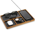 Walnut Wooden Valet Tray for Men, PU Leather Inlay Nightstand Organizer, Bedside Table Tray with Cable Slot for Keys, Phone, Watch, Jewelry