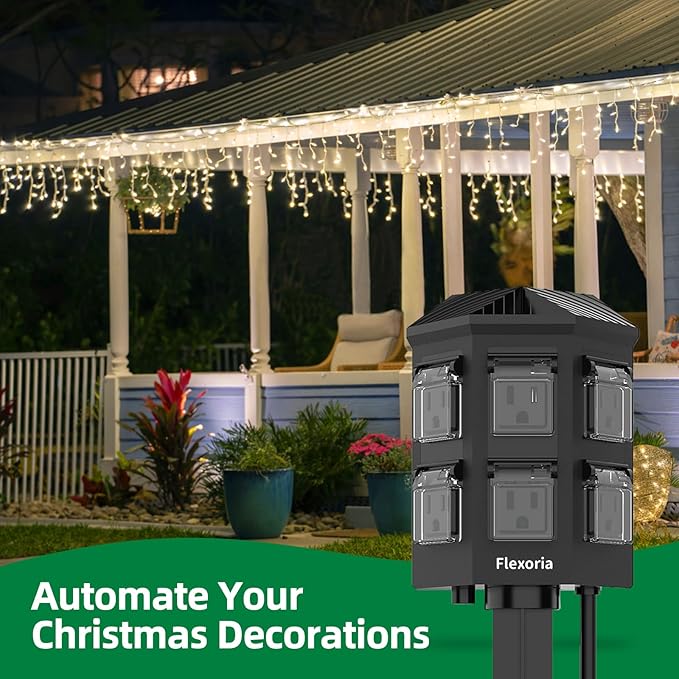 Outdoor Power Stake Timer, Remote Control Dusk to Dawn Light Timer, 60FT Extension Cord Waterproof, 6 Grounded Outlets for Graden and Yard Decorations, ETL Listed