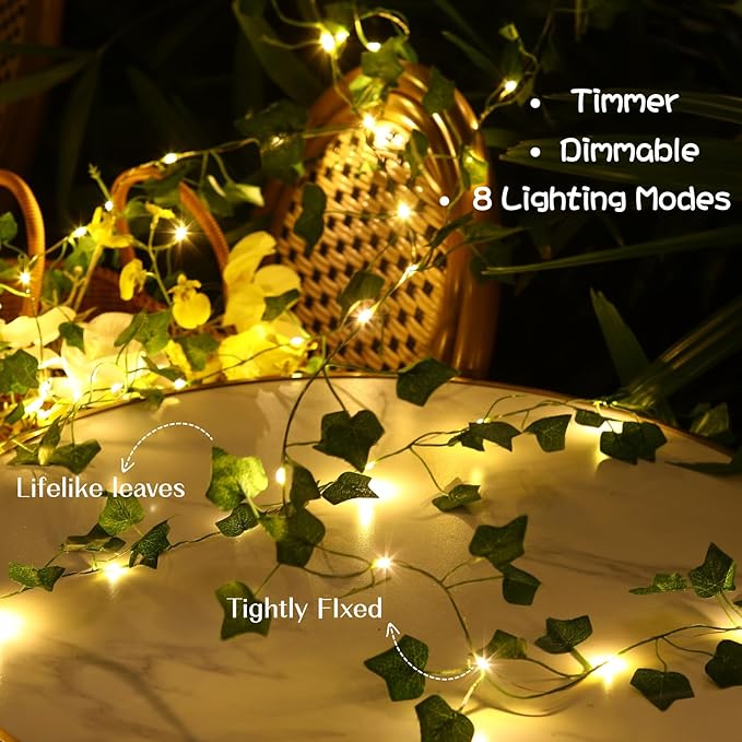 Extra Length Vine with Fairy Lights 40ft 120 LED Ivy String Lights USB Plugin & Battery Operated Leaf Lights with Timer 8 Modes Remote Decorative Light for Bedroom Wedding Party - Warm White