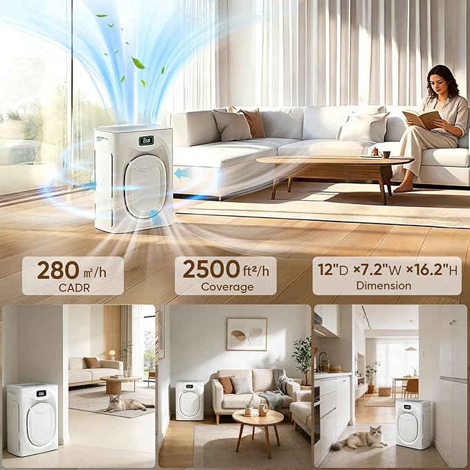 Pet Air Purifiers for Home Large Room Up to 2500 Ft², H13 HEPA & Washable Double-Sided Filter, Air Purifier for Pet Hair Dander Odor Smoke Dust, Smart WiFi, PM2.5 Air Quality Monitor, Auto Mode