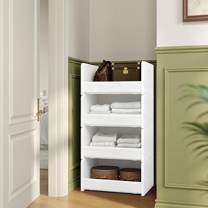 FOUCSSOMEI 4-Tier Stackable Closet Organizer and Storage Stackable Shelves – Heavy-Duty Darwers Wood & Metal, Easy Assembly, Space-Saving Vertical Storage for Bedroom, Closet, Patent Design
