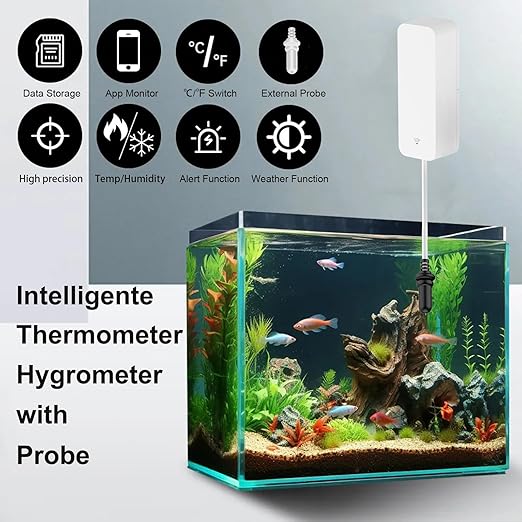 Smart Thermometer Hygrometer with Probe, WiFi Aquarium Temperature Humidity Gauge with App Remote Monitor, Indoor Refrigerator Thermometer Sensor, Data Storage&Export, Compatible with Alexa. 1PCS