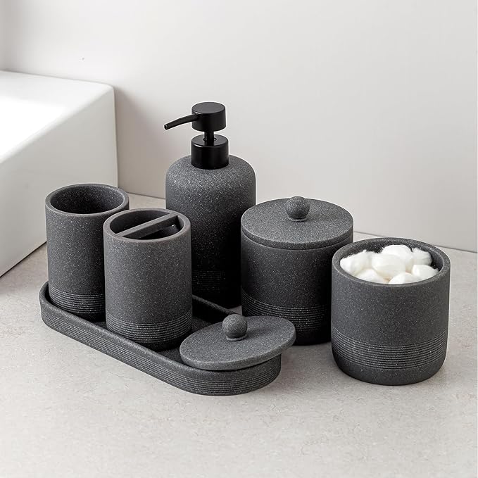 Bathroom Accessories Set, 6 PCS Modern Bathroom Accessory Set with 15 OZ Soap Dispenser, Toothbrush Holder, Vanity Tray, Tumbler, 2 PCS Qtip Holders (Grey)