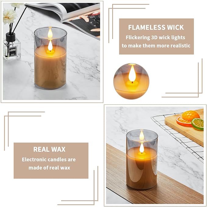 Glass Battery Operated LED Flameless Candles, Set of 2, D 3" x H 6", Real Wax Pillar Flickering Candles with Remote and Timer, Electronic Candle with 3D Wick for Festival Home Party Decor Grey