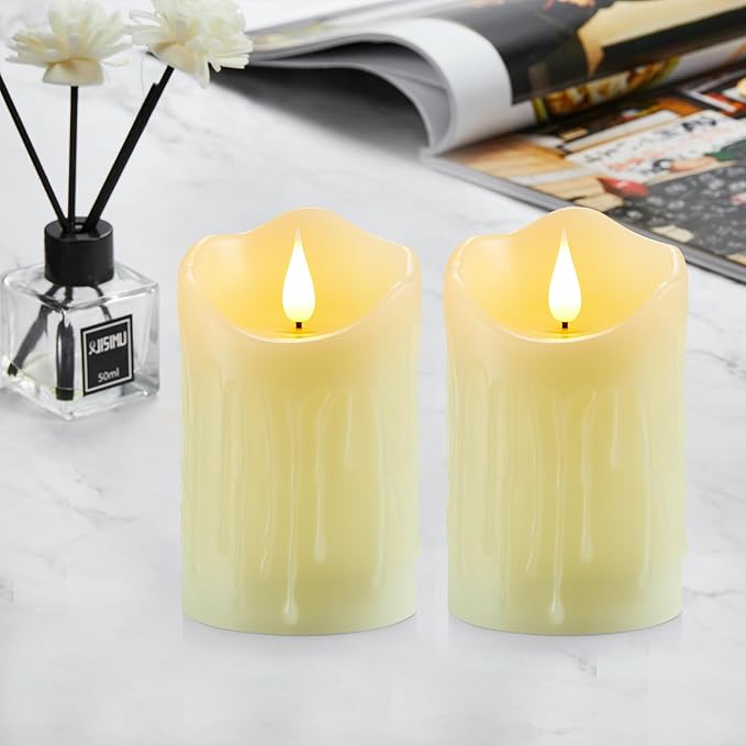 Flameless Candles, Battery Operated Candles with Remote and Timer, 3" x 5", Set of 2, LED Candles Electric Pillar Candles, Ivory Real Wax for Home, Wedding, Christmas