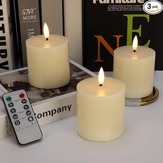 Ivory Flameless Candles Set of 3, 3x3 Real Wax LED Candles with Remote & Timer, Safe Battery Operated Candlelight for Homes with Kids & Pets, Warm Ambient Lighting for Home Decor