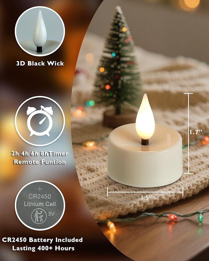 Amagic Flameless Timer Remote Tealights Candles, 3D Black Wick Flickering Tea Lights, 400+Hour White Votive Candles Battery Operated, Set of 12 for Wedding Table Decor, Halloween, Christmas, Holiday