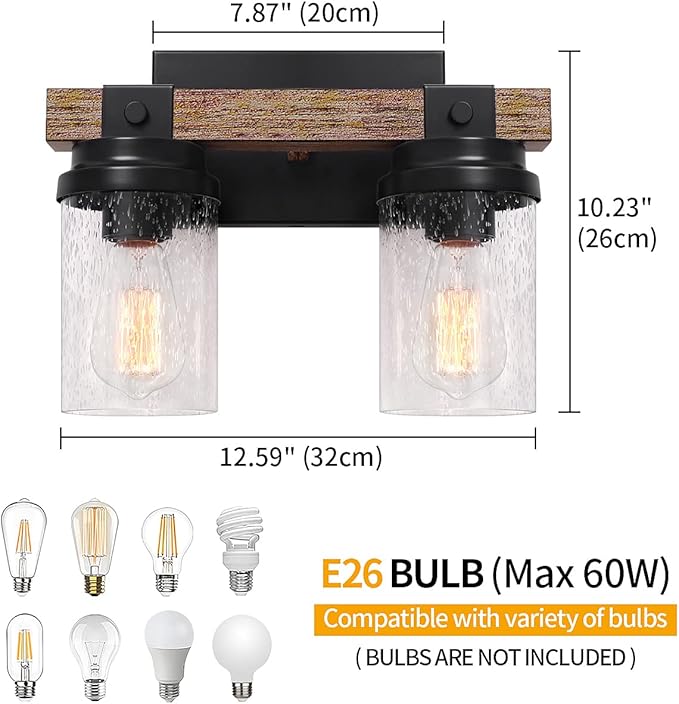 2-Light Farmhouse Vanity Lights for Bathroom, Rustic Bathroom Light Fixtures with Pretty Glass Shade, Rustic Vanity Light for Mirror, Black Wood Wall Sconces for Hallway Bedroom Living Room
