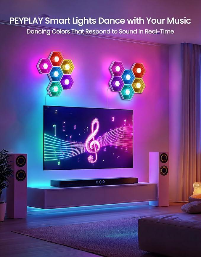Hexagon Quantum Lights – Modular DIY Wall Panels, RGB+IC 16M Colors with Music Sync, APP & Remote Control, Immersive Lighting for Gaming Rooms, Home Decor, Parties and Gifts