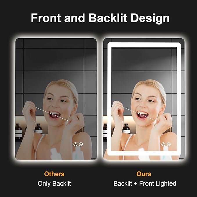 Led Mirror for Bathroom, 30x20 Bathroom Vanity Mirror for Wall with Light, IP54 Enhanced Anti-Fog, Dimmable 3 Colors, Memory Function, Backlit and Front Lit, Shatter-Proof Glass, Plug-in/Hardwired