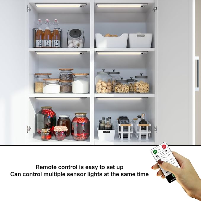 HL Under Cabinet Lighting, LED Motion Sensor Light Indoor, Rechargeable Closet Lights Wireless, Magnetic with Remote Dimmable Under Counter Lights for Kitchen Stairs Warm White 2Pack