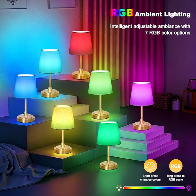Small Cordless Table Lamp Rechargeable,5000mAh Battery Operated Desk Lamp,3 Colors & 7 RGB Stepless Dimmable,Touch Ambient Light for Bedside,Bedroom,Dining Room,Living Room,Gold,WhiteShade