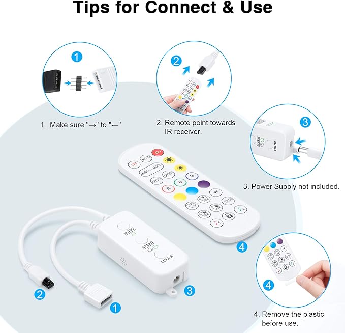 RGB LED Strip Light Controller, with APP, Music Sync and IR Remote, with Unlimited Colors and Pin Modify Feature Compatible with 5V-24V All 4-pin 10mm RGB LED Strip via Bluetooth Connection