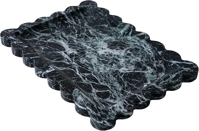 Real Luxurious Natural Scalloped Marble Tray - 10.8"x8" Verde Green Marble Vanity Tray for Bathroom Kitchen Counter - Catch All Tray for Nightstand and Home Décor