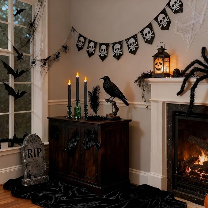 Flameless Taper Candles 10.6" Dripless Battery Operated Taper Candles Included Remote Timer 400+ Hours by 2AA Batteries for Halloween Christmas Wedding (Black+White, 12 Pack)