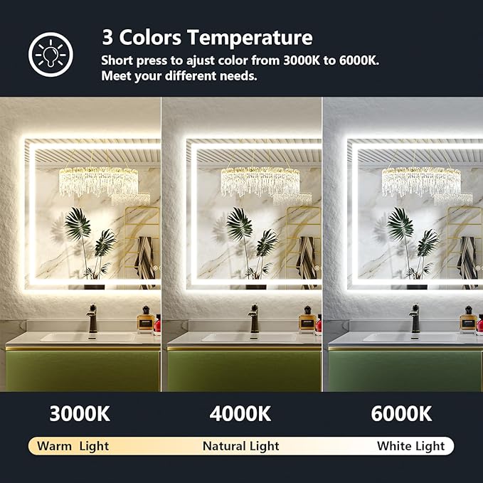 110x40 Inch LED Bathroom Mirror with Lights Front and Backlit Lighted Vanity Mirror for Bathroom Wall with 3 Colors Dimmable Anti-Fog Memory Shatter-Proof IP54 Waterproof Horizontal/Vertical
