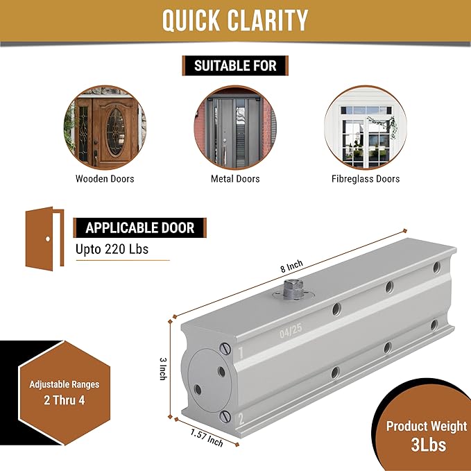 Commercial Door Closer Heavy Duty - Door Automatic Closer Adjustable Spring Size 2-4 - Automatic Door Closers for Home and Commercial Entrances - Non Handed - Fit Doors up to 220 LBS, Aluminum, Silver
