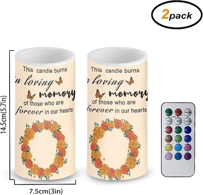 Personalized LED Memorial Candle for Loss of Loved One 2 Pack 6 x 3 inch Flameless Candles Orange Battery Operated Candles with Multicolor Timer Remote Control Flameless LED Fake Candles
