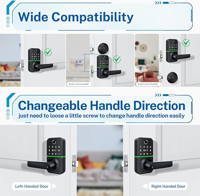 Keypad Smart Door Lock with Handle: Kucacci Keyless Entry Fingerprint Lock - Digital Code Handle with Keypad - Electronic Smart Knob for Front Door - Deadbolt Alternative with App - Easy Installation