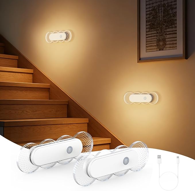 Rechargeable Motion Sensor Night Light, Battery Operated LED Night Light for Kids, Nursery, Bathroom, Toilet, Hallway, Stairs, Closet, Kitchen & Cabinet – Cordless Magnetic Wall Sconce, 2 Pack