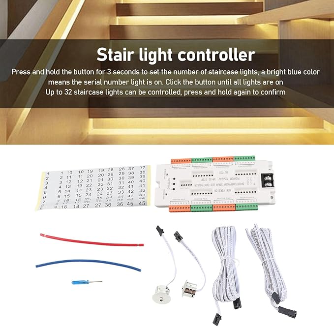 Yunir Motion Sensor LED Stair Light Controller, 32 Channels Intelligent Automatic Staircase Ladder Step Light Controller, Stairway Lighting Controller, for Home, Store DC12V 24V