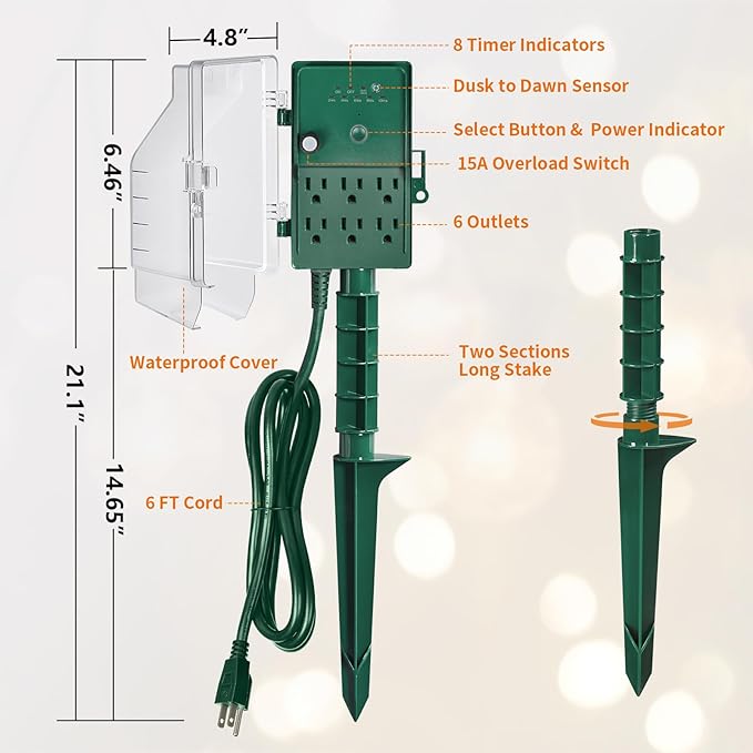 SURAIELEC Outdoor Power Stake, Dusk to Dawn Light Timer, 6 Electrical Outlet Power Strip Waterproof, 6 ft Extension Cord for Patio Lights, Sprinkler, Garden, Christmas Decorations, Outdoor Light