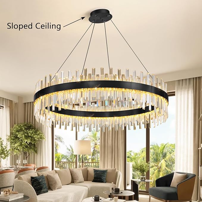 Glam Crystal Chandelier Interior Ring Chandeliers with Remote Dimmable LED Light Adjustable Hanging Lights Luxury Ceiling Pendant Lighting Fixtures for Living Dining Bedroom Foyer Black Light