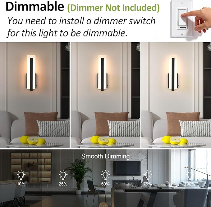 Tipace Hardwired Black Dimmable Modern LED Wall Sconce 2 Packs 3000K 3500K 4000K 5000K 6000K Indoor Wall Lights Up and Down Wall Mount Light for Living Room Bedroom Hallway Corridor(5CCT)