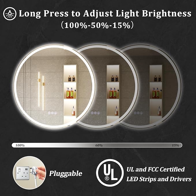 BEAUTYPEAK 24x24 LED Round Bathroom Mirror with Lights, Anti-Fog, Dimmable, Backlit + Front Lit, Lighted Bathroom Vanity Mirror for Wall, 3 Colors, Memory Function, Tempered Glass, Shatter-Proof