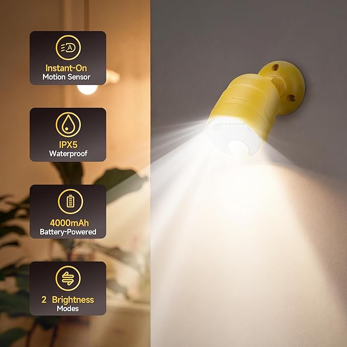 Wireless LED Spotlight, Battery Operated Motion Sensor Outdoor Light - 4000mAh Rechargeable 2-Mode IPX5 Waterproof 600LM Light for Porch, Garage, Hallway, Wardrobe (Yellow)